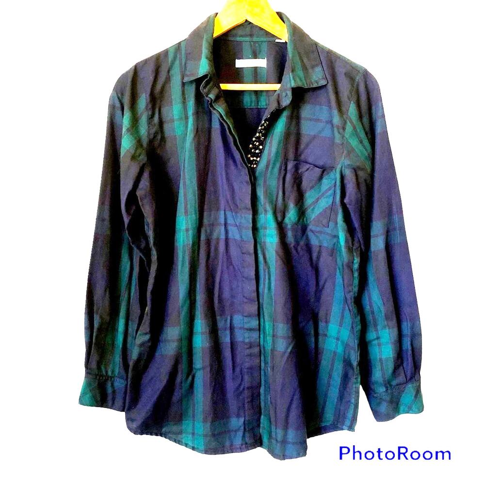Orvis Plaid Studded Button Down Shirt Woman’s Size 10 Long Sleeve Blue Green